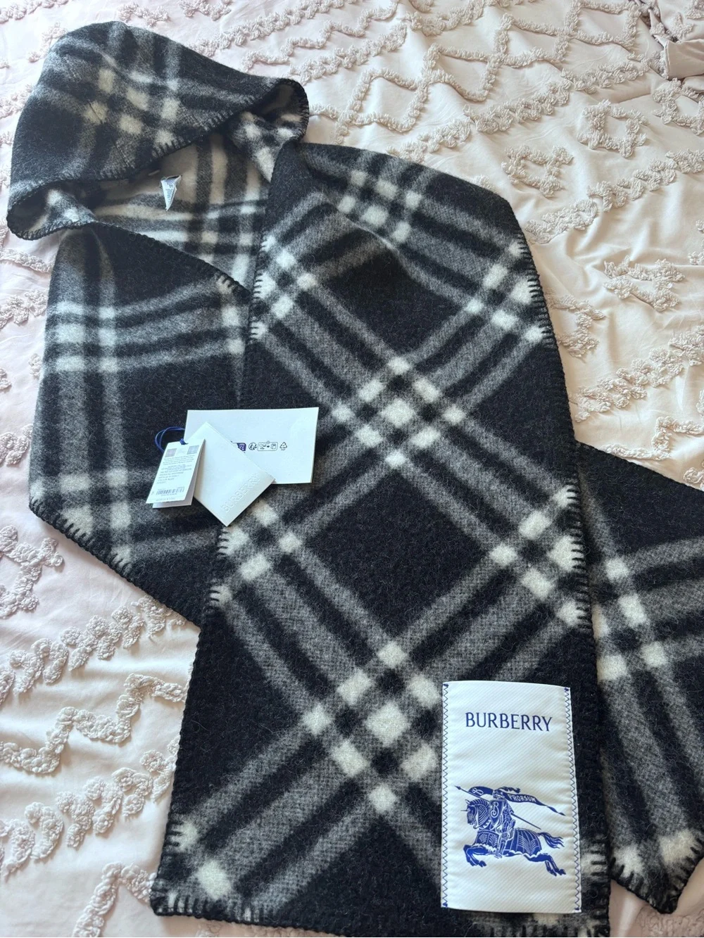 Authentic Burberry Black and White Plaid Hooded Scarf